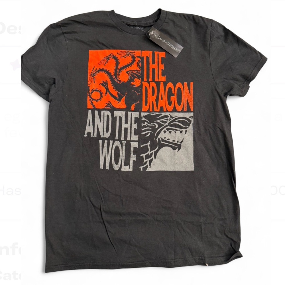 NWT Game of Thrones Black Dragon and Wolf Graphic Tee